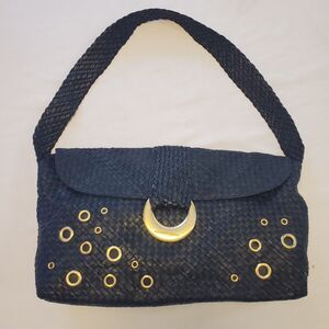 Elliott Lucca Black Leather Braided Slouch Shoulder Bag Bronze Bubble Hardware